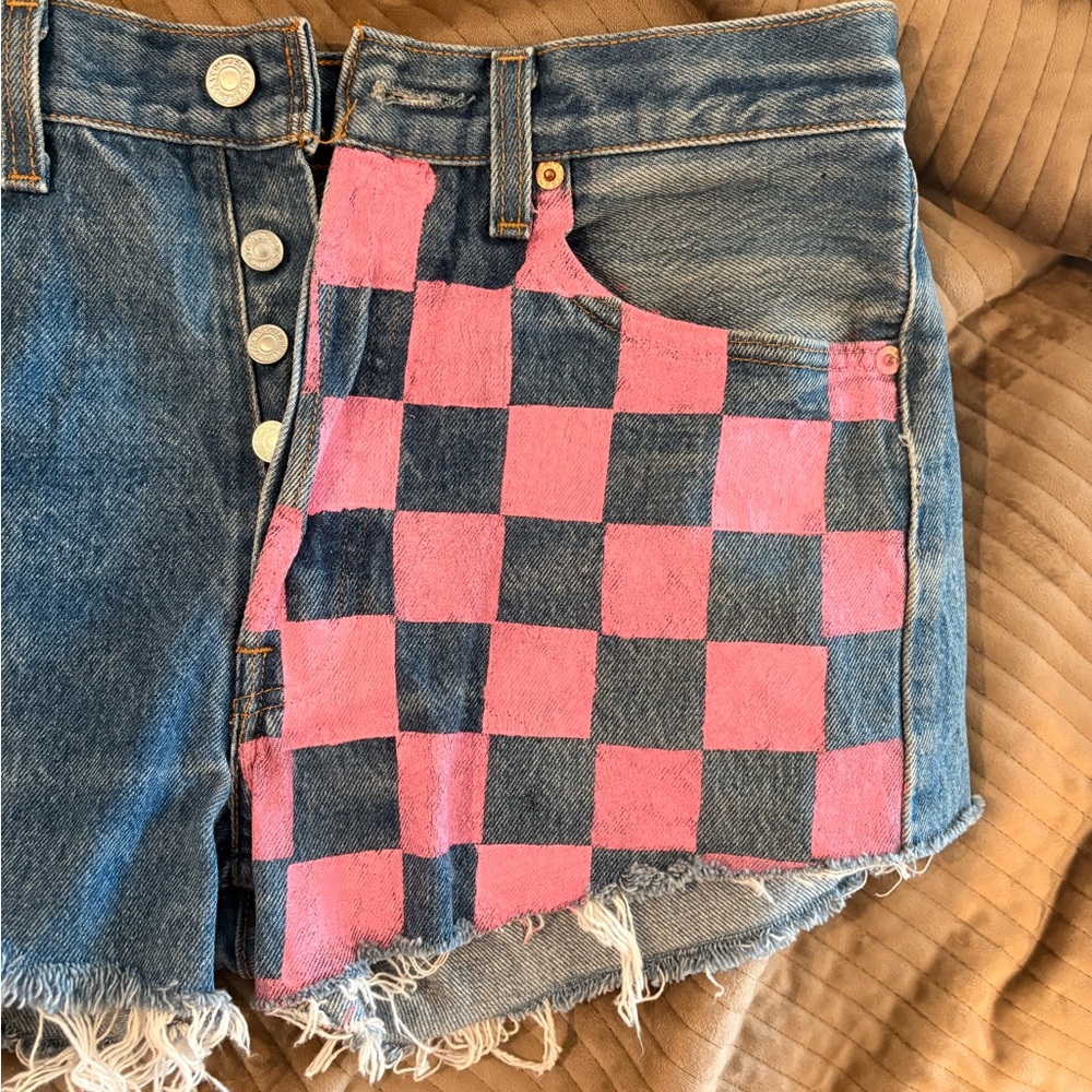 Levi's Blue Denim Shorts with Pink Checker Pattern - Picture 3 of 3